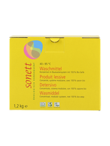 Das Bild zeigt eine gelbe Verpackung von Sonett Waschmittel. Auf der Vorderseite stehen Informationen in mehreren Sprachen: Deutsch, Französisch, Italienisch und Niederländisch. Es handelt sich um ein ökologisches Waschmittel für Temperaturen von 40-95°C, das aus 100% Bio-Seife besteht. Die Verpackung hat ein Gewicht von 1,2 kg. Unten sind mehrere Logos zu sehen, die auf die ökologische und vegane Qualität des Produkts hinweisen.