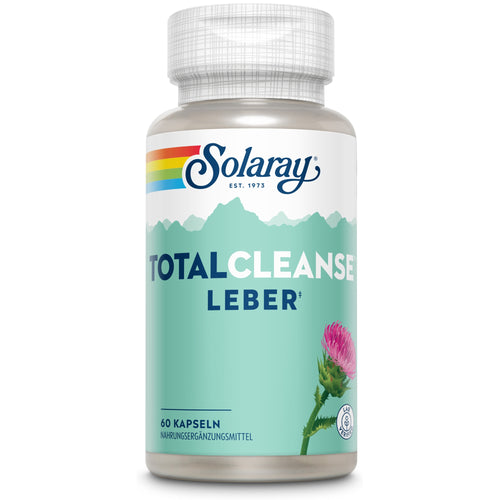 Das Bild zeigt eine Flasche des Nahrungsergänzungsmittels Solaray Total Cleanse Leber. Die Flasche ist türkis mit einem weißen Deckel und zeigt eine stilisierte Mariendistel. Auf dem Etikett stehen die Wörter 'Total Cleanse Leber' und '60 Kapseln'.