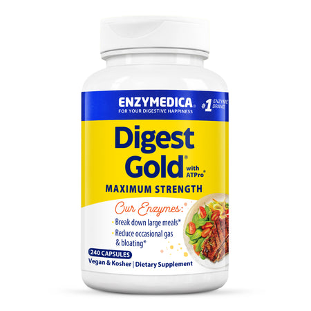 Eine Flasche Digest Gold Enzymkapseln von Enzymedica mit 240 Kapseln. Etikett betont Verdauungshilfe und vegane, koschere Inhaltsstoffe.