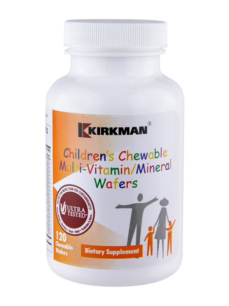 Eine weiße Plastikflasche mit Schraubverschluss, die das Produkt 'Kirkman Children's Chewable Multi-Vitamin/Mineral Wafers' enthält. Auf dem Etikett sind bunte Schriftzüge und Illustrationen von Menschen zu sehen. Ein Siegel mit der Aufschrift 'Ultra Tested' ist ebenfalls sichtbar. Die Flasche enthält 120 kaubare Wafers und ist als Nahrungsergänzungsmittel gekennzeichnet.