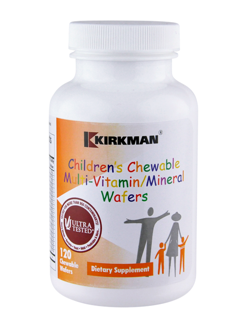 Eine weiße Plastikflasche mit Schraubverschluss, die das Produkt 'Kirkman Children's Chewable Multi-Vitamin/Mineral Wafers' enthält. Auf dem Etikett sind bunte Schriftzüge und Illustrationen von Menschen zu sehen. Ein Siegel mit der Aufschrift 'Ultra Tested' ist ebenfalls sichtbar. Die Flasche enthält 120 kaubare Wafers und ist als Nahrungsergänzungsmittel gekennzeichnet.