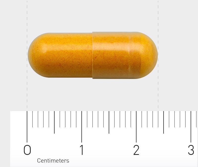 Das Bild zeigt eine gelbe Kapsel, die auf einem Lineal liegt. Die Kapsel ist zylindrisch geformt und etwa 2 Zentimeter lang. Das Lineal unter der Kapsel zeigt Zentimeter- und Millimetermarkierungen. Der Hintergrund ist neutral und hell, was die Kapsel hervorhebt.