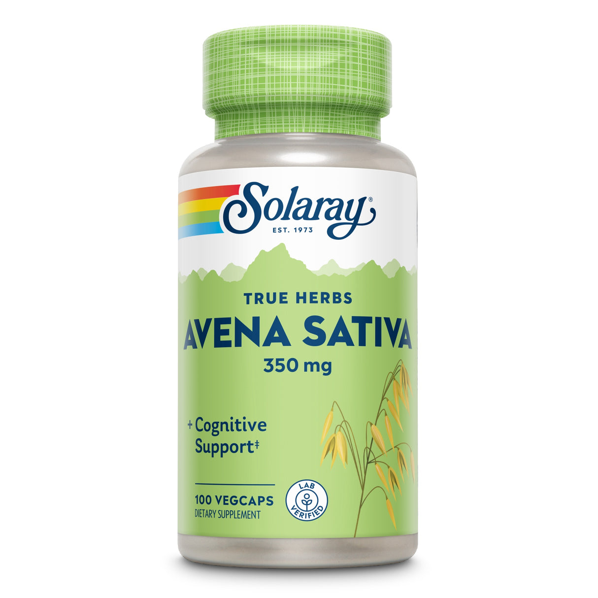 Das Bild zeigt eine grüne Flasche mit einem Etikett der Marke Solaray. Auf dem Etikett steht 'True Herbs Avena Sativa 350 mg'. Die Flasche enthält 100 Vegcaps und bietet kognitive Unterstützung. Ein Lab Verified-Siegel ist sichtbar.