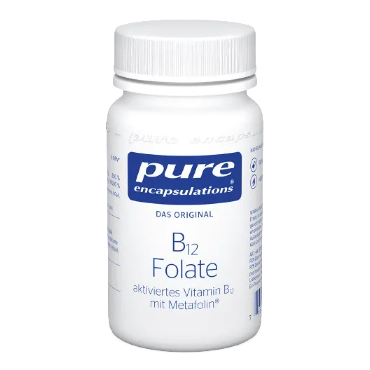 Eine weiße Plastikflasche mit blauem Etikett der Marke 'Pure Encapsulations'. Auf dem Etikett steht 'B12 Folate, aktiviert mit Metafolin'. Die Flasche ist auf einem weißen Hintergrund abgebildet.