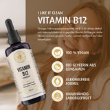 Eine Flasche Vitamin B12 Nahrungsergänzungsmittel mit Pipette, umgeben von Symbolen und Texten, die Vorteile wie höchste Verfügbarkeit, optimierte Aufnahme, Unterstützung des Immunsystems, Energiestoffwechsel und Nervensystem beschreiben. Das Produkt ist ohne Gentechnik, glutenfrei und vegan. Die Flasche hat ein Fassungsvermögen von 100 ml. Der Hintergrund ist in einem neutralen Beigeton gehalten.