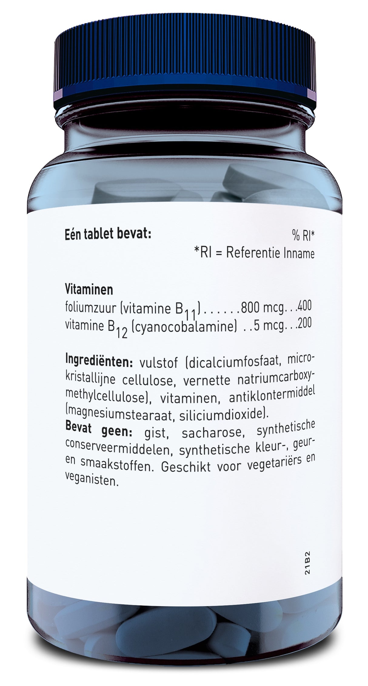 Ein blaues Glas mit einem blauen Schraubverschluss enthält Tabletten. Auf dem weißen Etikett steht in niederländischer Sprache die Beschreibung der Inhaltsstoffe, darunter Folsäure (Vitamin B11) und Vitamin B12. Die Inhaltsstoffe sind für Vegetarier und Veganer geeignet und enthalten keine Hefe, Saccharose oder synthetische Konservierungsstoffe. Das Etikett ist klar lesbar und bietet detaillierte Informationen über die Inhaltsstoffe und deren Mengen.