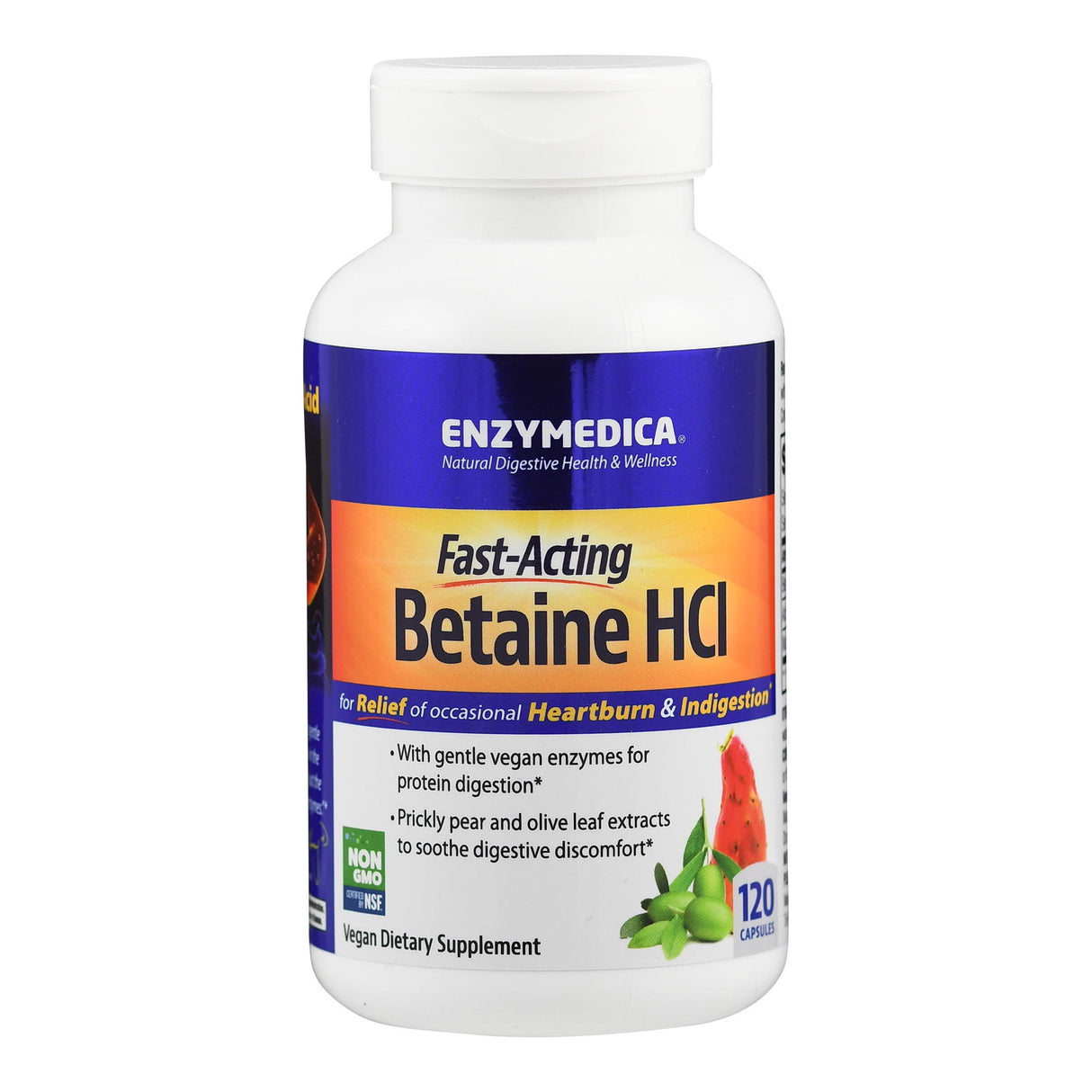 Flasche mit Enzymedica Fast-Acting Betaine HCl, 120 Kapseln, zur Linderung von Sodbrennen und Verdauungsstörungen, vegan.