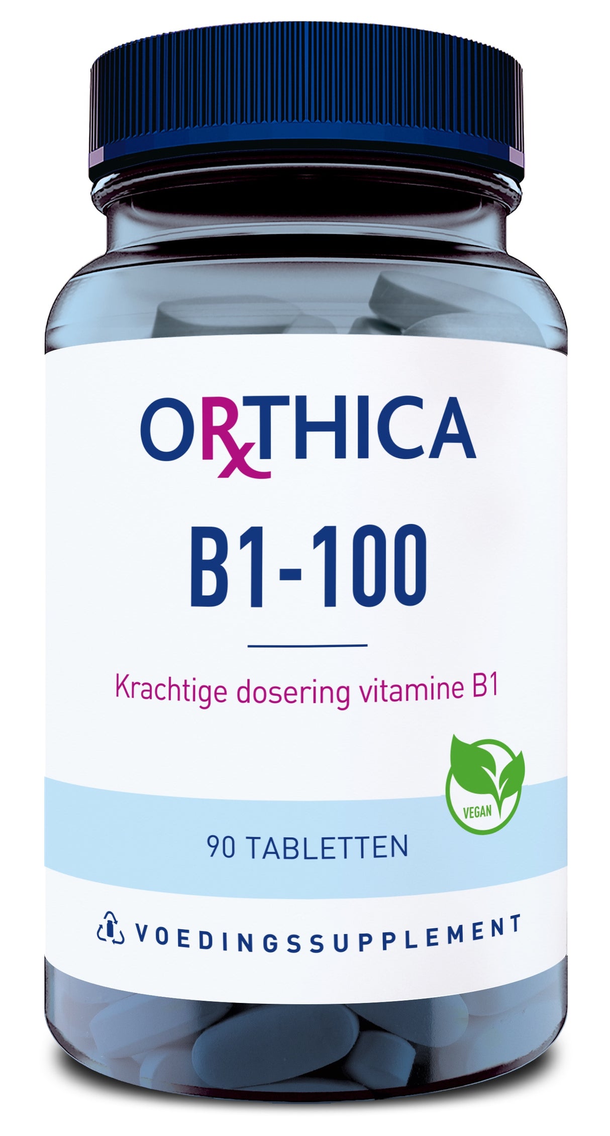 Das Bild zeigt eine Verpackung von Nahrungsergänzungsmitteln der Marke Orthica. Auf der Vorderseite steht 'B1-100' und 'Krachtige dosering vitamine B1'. Es enthält 90 Tabletten und ist als vegan gekennzeichnet. Die Verpackung ist blau und weiß.