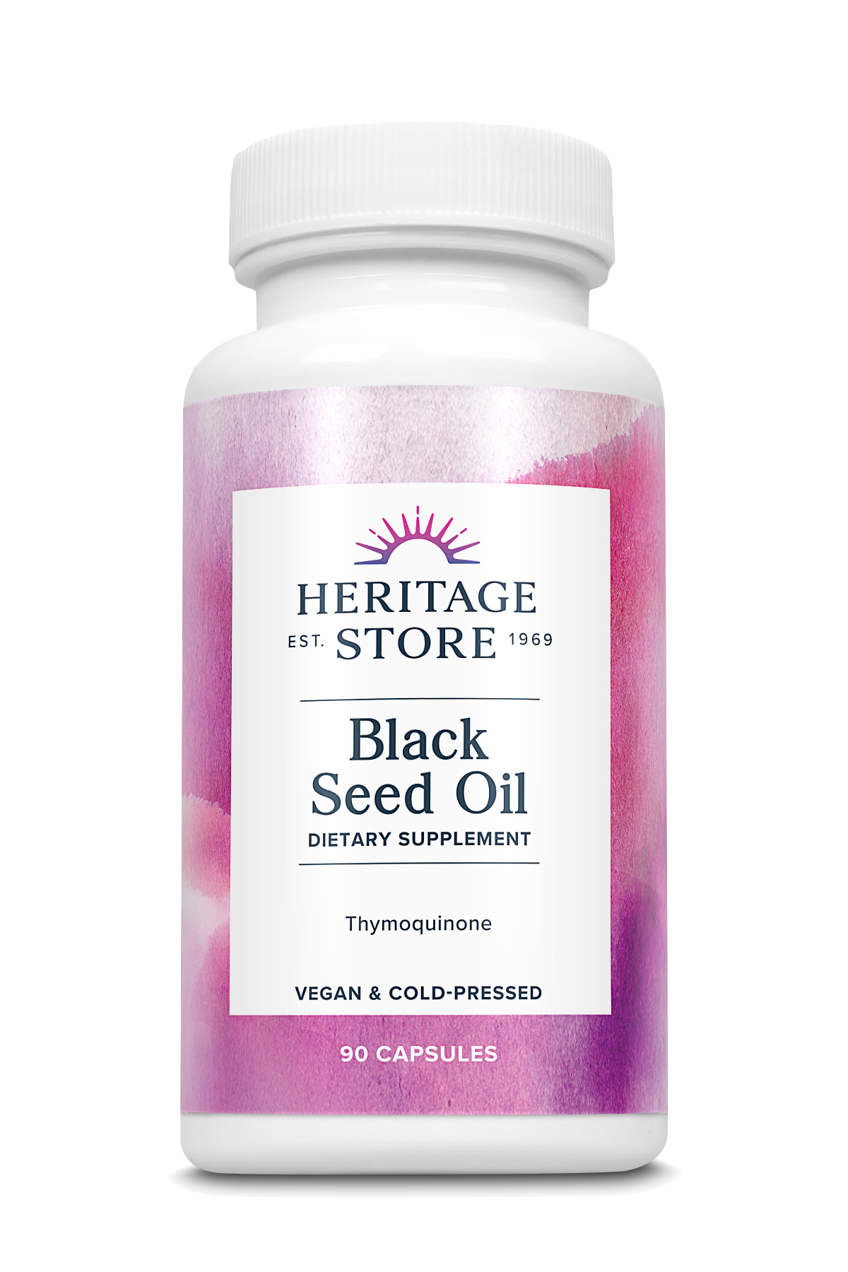 Eine weiße Plastikflasche mit einem rosa Etikett. Auf dem Etikett steht 'Heritage Store Black Seed Oil Dietary Supplement'.