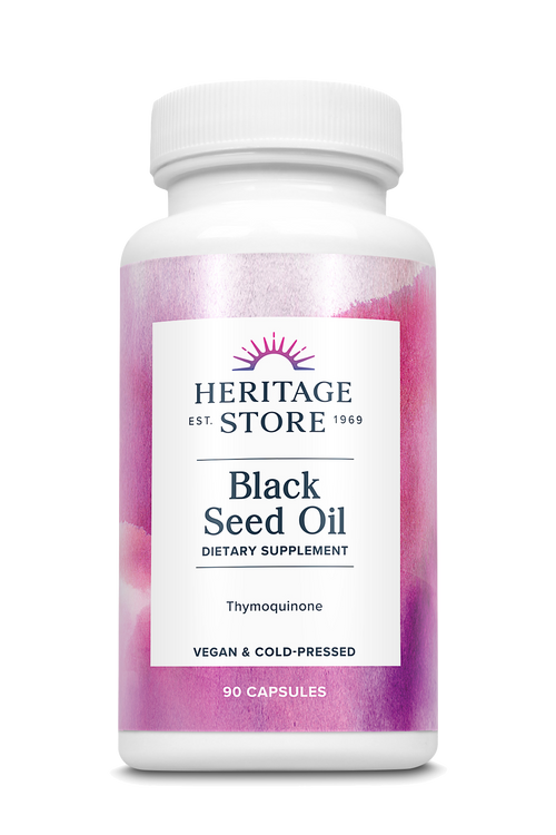 Eine weiße Plastikflasche mit einem rosa Etikett. Auf dem Etikett steht 'Heritage Store Black Seed Oil Dietary Supplement'.