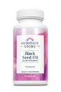 Eine weiße Plastikflasche mit einem rosa Etikett. Auf dem Etikett steht 'Heritage Store Black Seed Oil Dietary Supplement'.