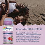 Zwei Personen liegen lachend auf einem Sandstrand. Im Vordergrund ist eine Flasche Solaray Granatapfel-Extrakt zu sehen. Der Text auf dem Bild beschreibt die Inhaltsstoffe des Produkts, das 200 mg Granatapfelextrakt und 150 mg Granatapfel-Samen pro Kapsel enthält. Die Umgebung ist ein sonniger Strand, die Personen wirken entspannt und fröhlich.
