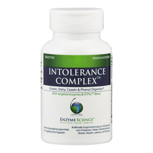 Eine weiße Flasche mit dem Etikett "Intolerance Complex" von Enzyme Science. Es ist ein Nahrungsergänzungsmittel für die Verdauung von Gluten, Milch, Casein und Phenolen.
