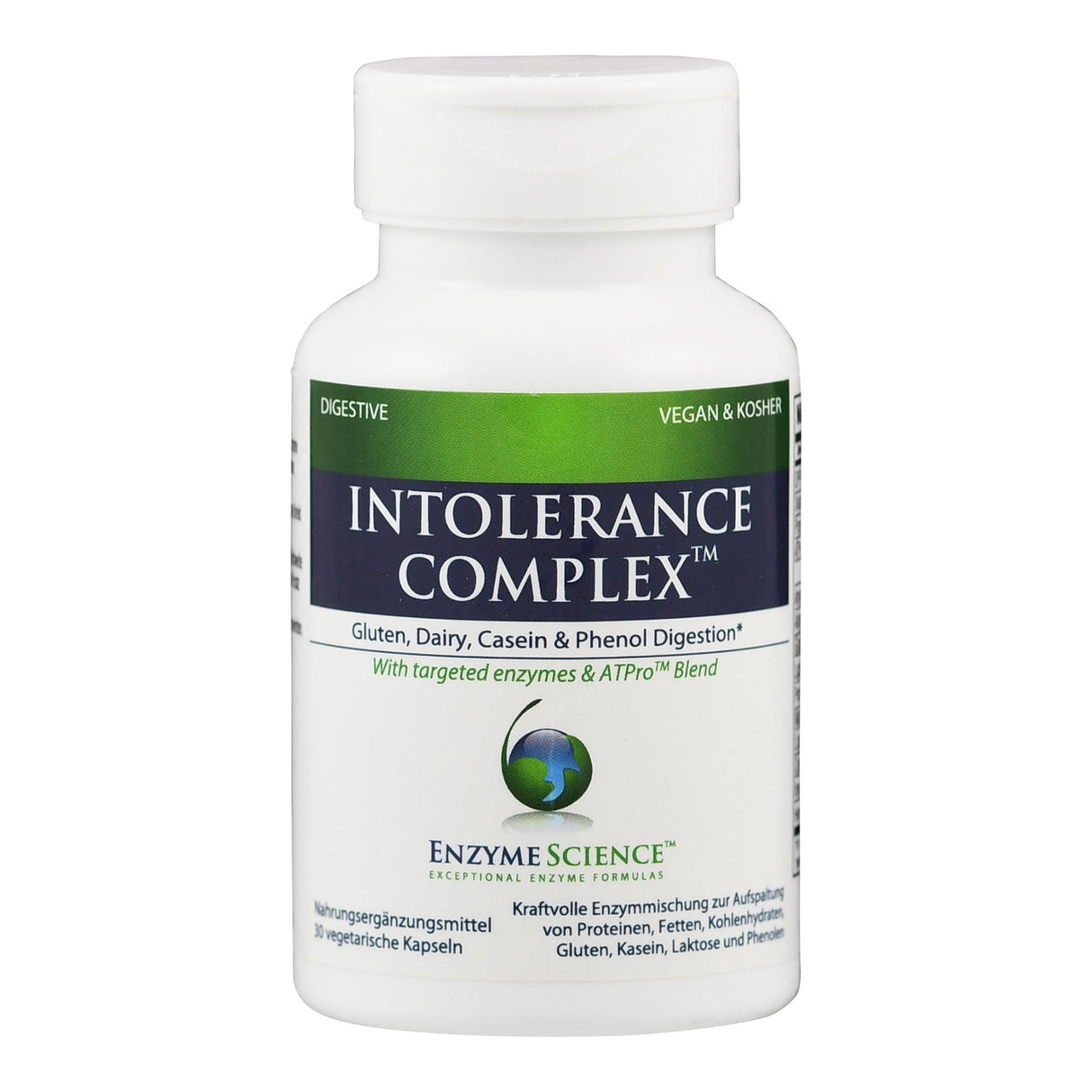 Eine weiße Flasche mit dem Etikett "Intolerance Complex" von Enzyme Science. Es ist ein Nahrungsergänzungsmittel für die Verdauung von Gluten, Milch, Casein und Phenolen.