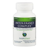 Eine weiße Flasche mit dem Etikett "Intolerance Complex" von Enzyme Science. Es ist ein Nahrungsergänzungsmittel für die Verdauung von Gluten, Milch, Casein und Phenolen.