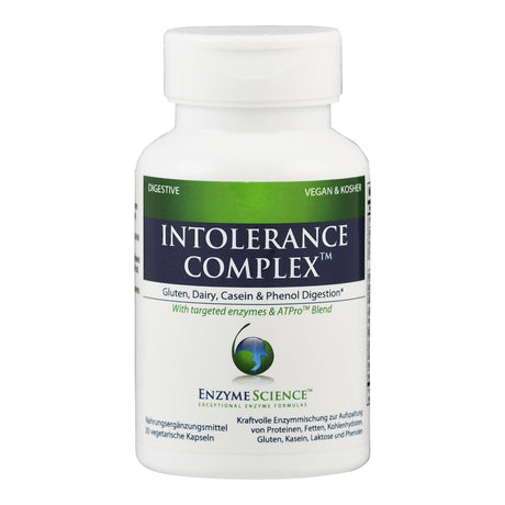 Eine weiße Flasche mit dem Etikett "Intolerance Complex" von Enzyme Science. Es ist ein Nahrungsergänzungsmittel für die Verdauung von Gluten, Milch, Casein und Phenolen.