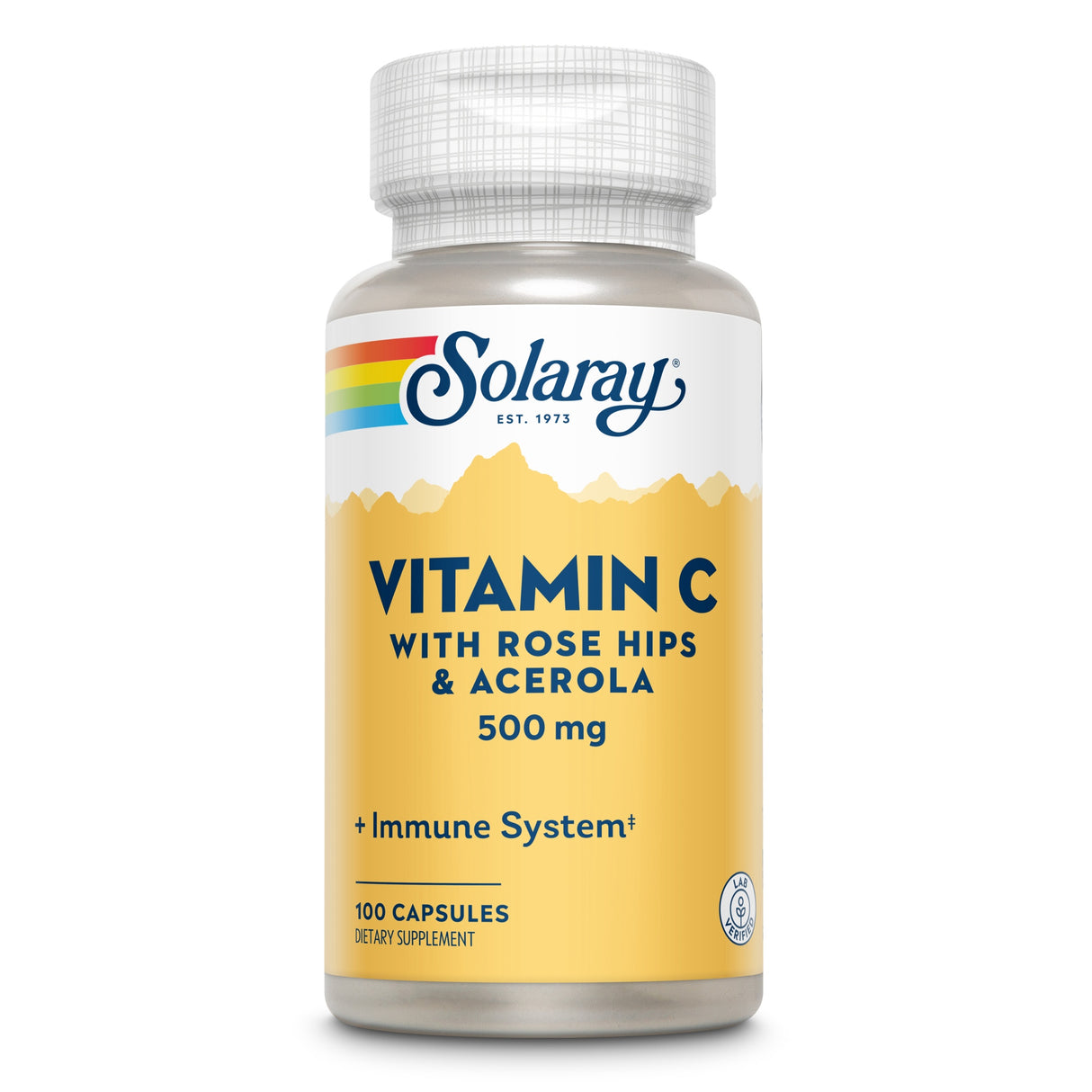 Flasche mit 100 Kapseln Vitamin C, Hagebutte und Acerola, 500 mg, von Solaray, gelb-weißes Etikett, fördert Immunsystem.