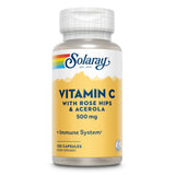 Flasche mit 100 Kapseln Vitamin C, Hagebutte und Acerola, 500 mg, von Solaray, gelb-weißes Etikett, fördert Immunsystem.