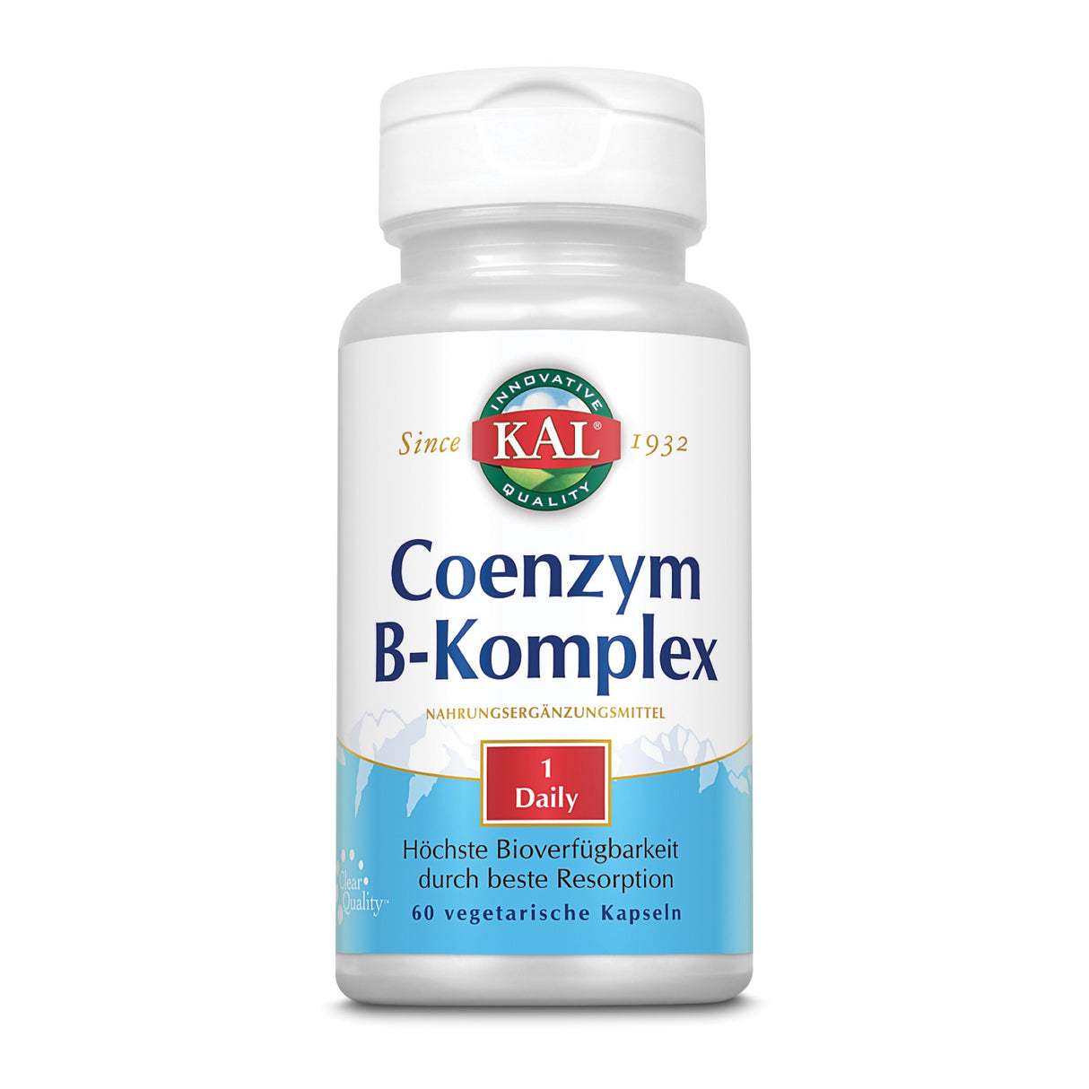 Weiße Flasche mit Aufschrift "KAL Coenzym B-Komplex", Nahrungsergänzungsmittel, 60 vegetarische Kapseln. "1 Daily" und "Höchste Bioverfügbarkeit".