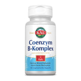 Weiße Flasche mit Aufschrift "KAL Coenzym B-Komplex", Nahrungsergänzungsmittel, 60 vegetarische Kapseln. "1 Daily" und "Höchste Bioverfügbarkeit".