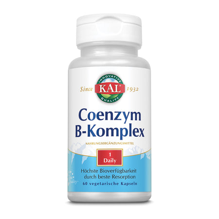 Weiße Flasche mit Aufschrift "KAL Coenzym B-Komplex", Nahrungsergänzungsmittel, 60 vegetarische Kapseln. "1 Daily" und "Höchste Bioverfügbarkeit".