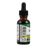 Eine braune Glasflasche mit Pipettenverschluss. Das Etikett zeigt einen Barcode und die Aufschrift "Standardized Rhodiola". Die Flasche enthält ein pflanzliches Nahrungsergänzungsmittel und ist als glutenfrei und alkoholfrei gekennzeichnet.