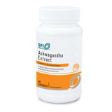 Eine weiße Plastikflasche mit einem weißen Schraubverschluss ist auf einem weißen Hintergrund abgebildet. Auf dem Etikett der Flasche steht "SFI Health Ashwagandha Extract". Darunter befindet sich der Text "Support for Occasional Stress" und "Supports Balanced Mood and Healthy Response to Perceived Stress". Das Etikett ist in Weiß und Orange gestaltet. Die Flasche enthält 60 Kapseln und ist als Nahrungsergänzungsmittel gekennzeichnet.