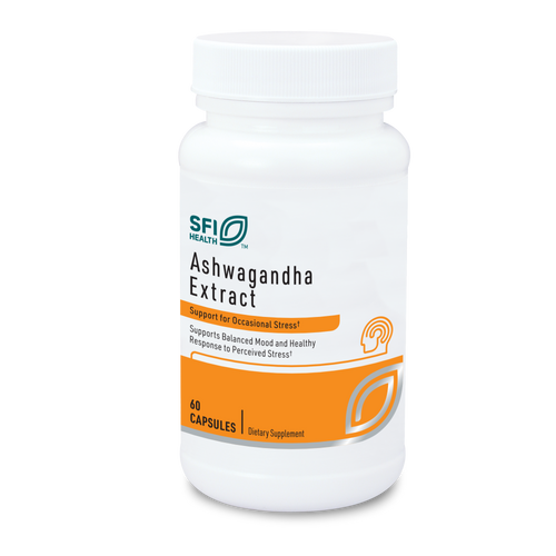 Eine weiße Plastikflasche mit einem weißen Schraubverschluss ist auf einem weißen Hintergrund abgebildet. Auf dem Etikett der Flasche steht "SFI Health Ashwagandha Extract". Darunter befindet sich der Text "Support for Occasional Stress" und "Supports Balanced Mood and Healthy Response to Perceived Stress". Das Etikett ist in Weiß und Orange gestaltet. Die Flasche enthält 60 Kapseln und ist als Nahrungsergänzungsmittel gekennzeichnet.