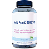 Das Bild zeigt eine blaue Plastikflasche mit einem Etikett, auf dem "Acid Free C-1000 SR" steht. Darunter befindet sich der Text "Vitamin C trägt zu einer normalen Funktion des Immunsystems bei". Die Flasche enthält 120 Tabletten und ist als Nahrungsergänzungsmittel mit Vitamin C gekennzeichnet. Ein kleines Symbol zeigt, dass das Produkt vegan ist.