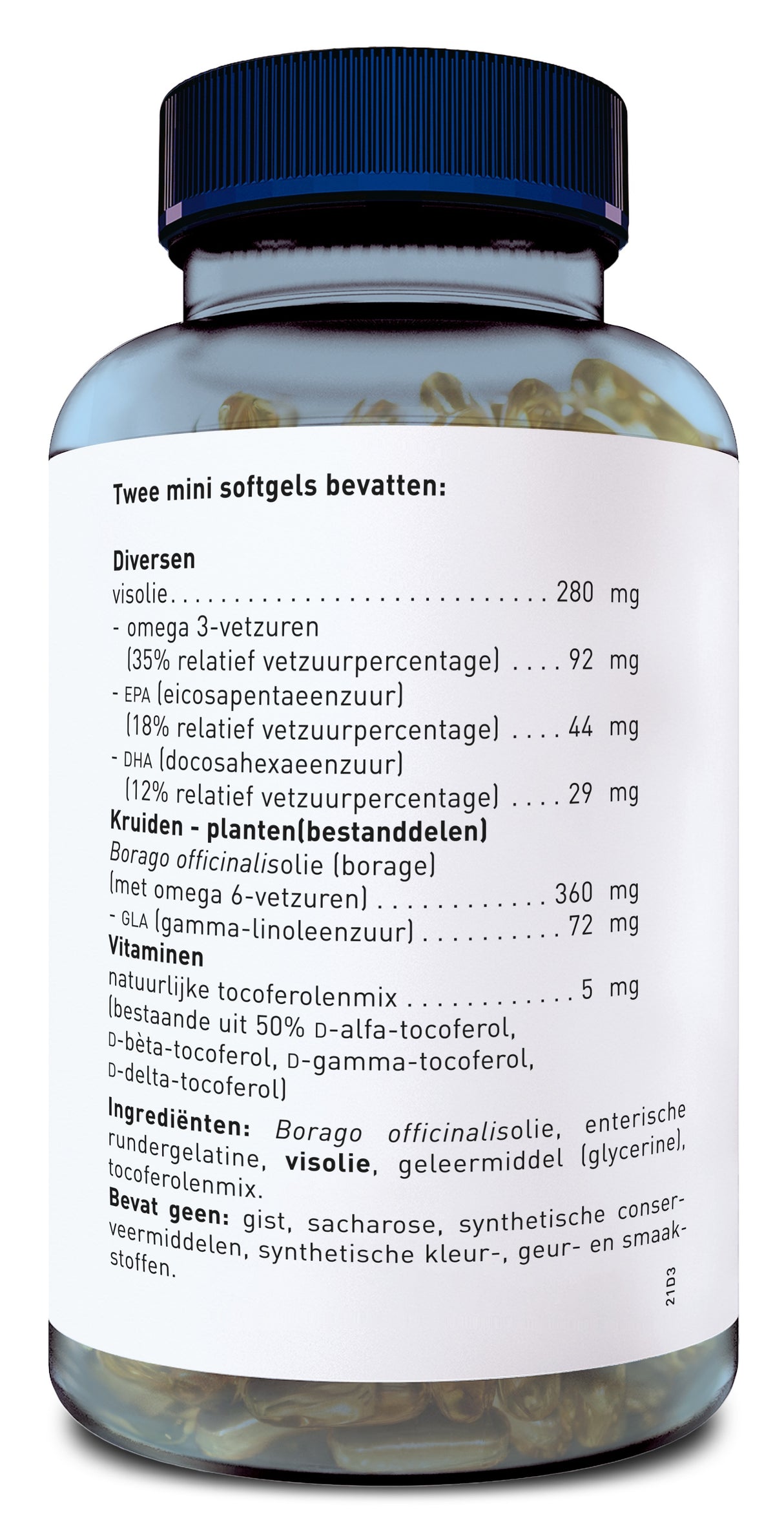 Nahaufnahme einer Flasche mit Nahrungsergänzungsmitteln. Das Etikett zeigt die Inhaltsstoffe in niederländischer Sprache, darunter Fischöl, Omega-3-Fettsäuren, EPA, DHA, Borago-Öl, GLA und natürliche Tocopherol-Mischung. Die Flasche hat einen blauen Deckel.