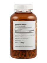 Braune Flasche mit Etikett 'Weihrauch 600 mg (Boswellia serrata)', Nahrungsergänzungsmittel. Enthält 360 Kapseln, Nettogewicht 248 g.