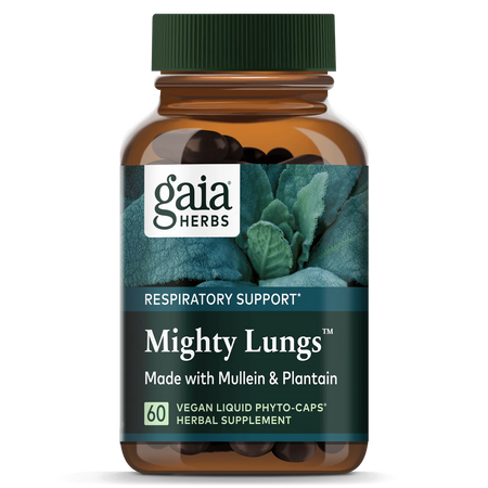 Das Bild zeigt eine braune Flasche mit grünem Schraubverschluss, die das Produkt "Mighty Lungs" von Gaia Herbs enthält. Auf dem Etikett steht "Respiratory Support" und es wird angegeben, dass das Produkt mit Königskerze und Wegerich hergestellt ist. Es sind 60 vegane Flüssigkapseln enthalten. Die Flasche ist vor einem Hintergrund mit grünen Blättern abgebildet.