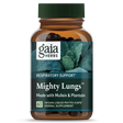 Das Bild zeigt eine braune Flasche mit grünem Schraubverschluss, die das Produkt "Mighty Lungs" von Gaia Herbs enthält. Auf dem Etikett steht "Respiratory Support" und es wird angegeben, dass das Produkt mit Königskerze und Wegerich hergestellt ist. Es sind 60 vegane Flüssigkapseln enthalten. Die Flasche ist vor einem Hintergrund mit grünen Blättern abgebildet.