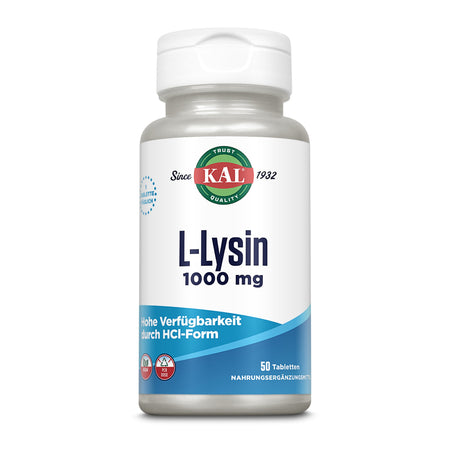 Weiße Flasche mit KAL-Logo, enthält L-Lysin 1000 mg, 50 Tabletten. Hinweis auf hohe Verfügbarkeit durch HCl-Form.