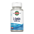Weiße Flasche mit KAL-Logo, enthält L-Lysin 1000 mg, 50 Tabletten. Hinweis auf hohe Verfügbarkeit durch HCl-Form.
