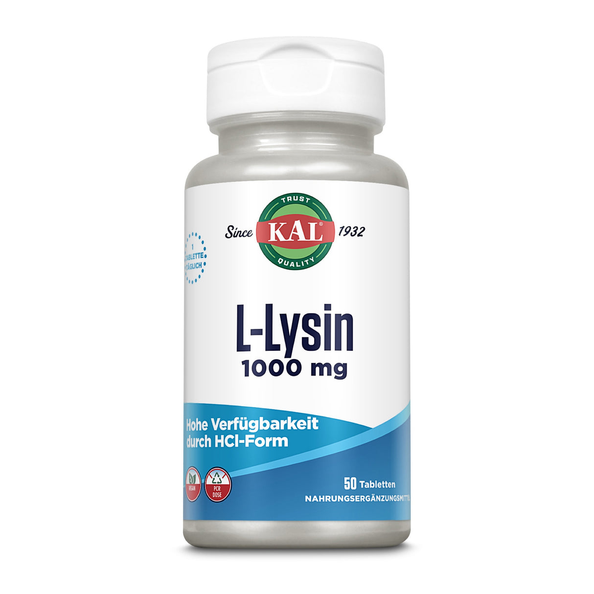 Weiße Flasche mit KAL-Logo, enthält L-Lysin 1000 mg, 50 Tabletten. Hinweis auf hohe Verfügbarkeit durch HCl-Form.