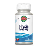 Weiße Flasche mit KAL-Logo, enthält L-Lysin 1000 mg, 50 Tabletten. Hinweis auf hohe Verfügbarkeit durch HCl-Form.