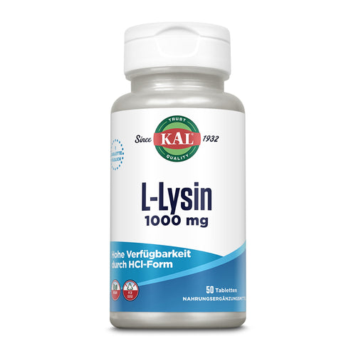 Weiße Flasche mit KAL-Logo, enthält L-Lysin 1000 mg, 50 Tabletten. Hinweis auf hohe Verfügbarkeit durch HCl-Form.