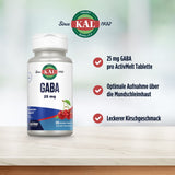 Kal GABA Nahrungsergänzungsmittel mit 25 mg pro Tablette, Kirschgeschmack, optimale Aufnahme über die Mundschleimhaut. Enthält 120 Mikrotabletten.