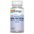 Das Bild zeigt eine Flasche des Nahrungsergänzungsmittels Solaray Beta Glucan. Die Flasche ist transparent mit einem silbernen Deckel. Auf dem Etikett steht 'High Potency Beta Glucan Beta 1,3 / 1,6 Linkages 200 mg' und '30 VegCaps'. Das Logo von Solaray ist oben auf dem Etikett sichtbar, zusammen mit einem Regenbogenstreifen. Die Hintergrundfarbe des Etiketts ist hellviolett mit einer Bergsilhouette. Das Produkt ist als Nahrungsergänzungsmittel gekennzeichnet.