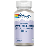 Das Bild zeigt eine Flasche des Nahrungsergänzungsmittels Solaray Beta Glucan. Die Flasche ist transparent mit einem silbernen Deckel. Auf dem Etikett steht 'High Potency Beta Glucan Beta 1,3 / 1,6 Linkages 200 mg' und '30 VegCaps'. Das Logo von Solaray ist oben auf dem Etikett sichtbar, zusammen mit einem Regenbogenstreifen. Die Hintergrundfarbe des Etiketts ist hellviolett mit einer Bergsilhouette. Das Produkt ist als Nahrungsergänzungsmittel gekennzeichnet.