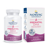 Flasche und Verpackung von Nordic Naturals Prenatal DHA, Fischöl-Ergänzungsmittel mit Omega-3 und Vitamin D3, unterstützt Gehirnentwicklung in der Schwangerschaft.
