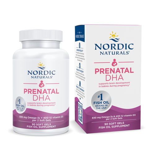 Flasche und Verpackung von Nordic Naturals Prenatal DHA, Fischöl-Ergänzungsmittel mit Omega-3 und Vitamin D3, unterstützt Gehirnentwicklung in der Schwangerschaft.