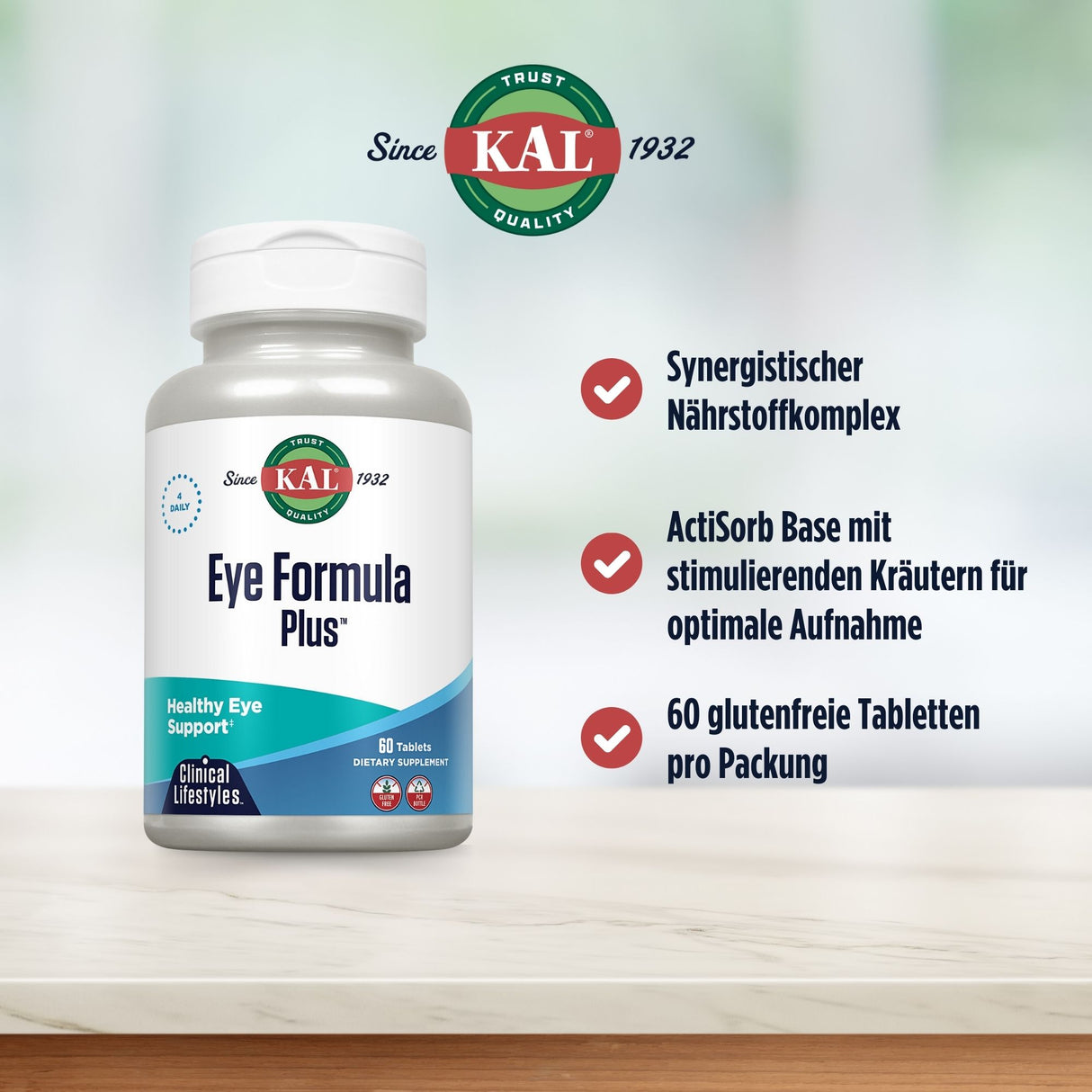 Nahrungsergänzungsmittel-Flasche "KAL Eye Formula Plus" mit 60 glutenfreien Tabletten. Enthält synergistischen Nährstoffkomplex und ActiSorb Base.