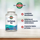 Nahrungsergänzungsmittel-Flasche "KAL Eye Formula Plus" mit 60 glutenfreien Tabletten. Enthält synergistischen Nährstoffkomplex und ActiSorb Base.