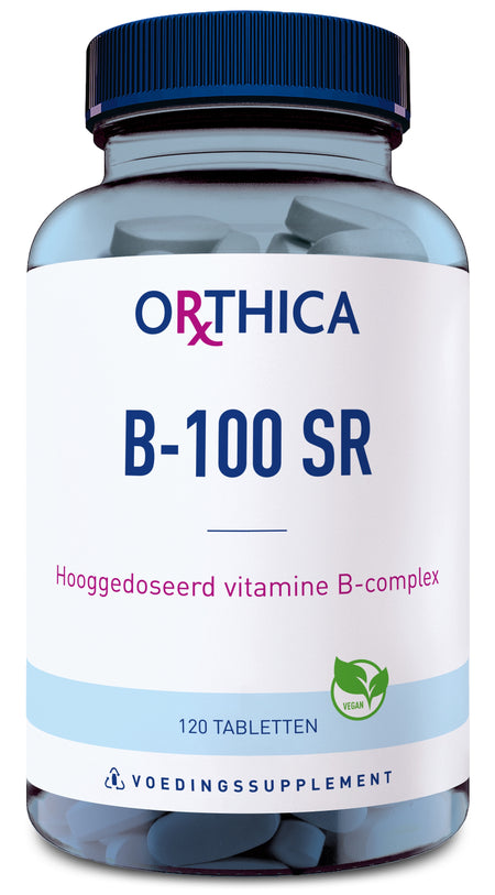 Das Bild zeigt eine Flasche mit dem Etikett 'ORTHICA B-100 SR', das ein hochdosiertes Vitamin-B-Komplex-Präparat beschreibt. Die Flasche enthält 120 Tabletten und ist als vegan gekennzeichnet. Auf dem Etikett sind die Farben Blau und Weiß dominierend.
