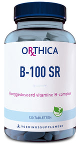 Das Bild zeigt eine Flasche mit dem Etikett 'ORTHICA B-100 SR', das ein hochdosiertes Vitamin-B-Komplex-Präparat beschreibt. Die Flasche enthält 120 Tabletten und ist als vegan gekennzeichnet. Auf dem Etikett sind die Farben Blau und Weiß dominierend.