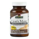 Das Bild zeigt eine braune Flasche mit weißem Deckel, die ein Nahrungsergänzungsmittel von Nature's Answer enthält. Auf dem Etikett steht 'Lion's Mane' mit Angaben wie 1.500 mg pro Portion, non-GMO, glutenfrei und vegan. Es wird für mentale Klarheit, Fokus und Gedächtnis beworben. Die Flasche enthält 90 vegetarische Kapseln.