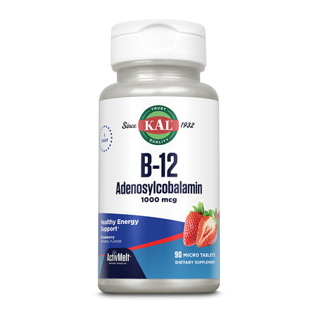 Dose mit B-12 Adenosylcobalamin 1000 mcg, 90 Tabletten, Erdbeergeschmack, Marke KAL, seit 1932, für Energieunterstützung.