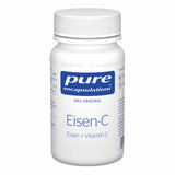 Eine weiße Plastikflasche mit blauem Etikett der Marke 'pure encapsulations'. Auf der Flasche steht 'Eisen-C' und 'Eisen + Vitamin C'.